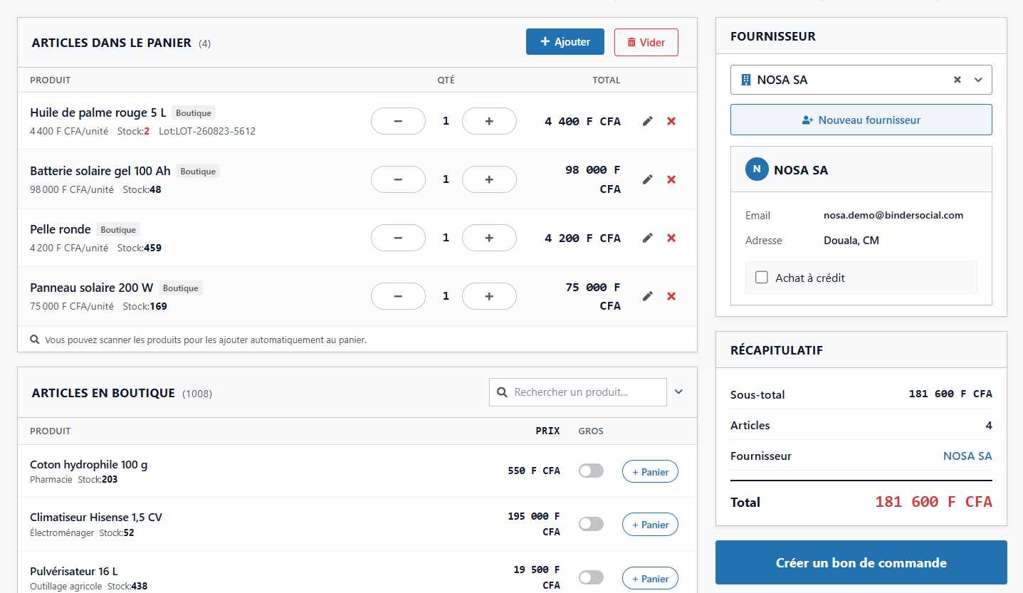 Interface du module Achats et Réapprovisionnement