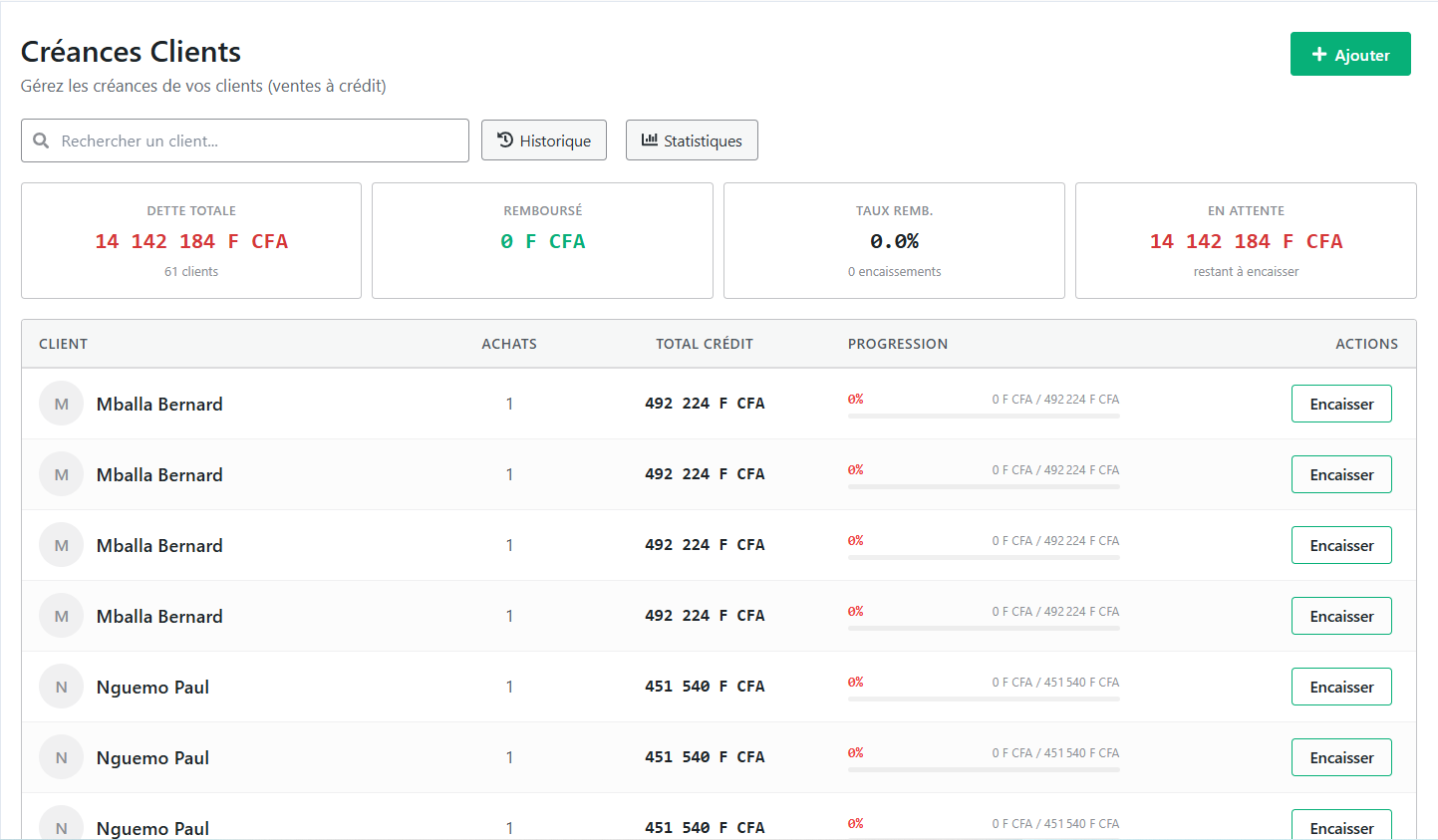 Interface de gestion des créances et dettes clients