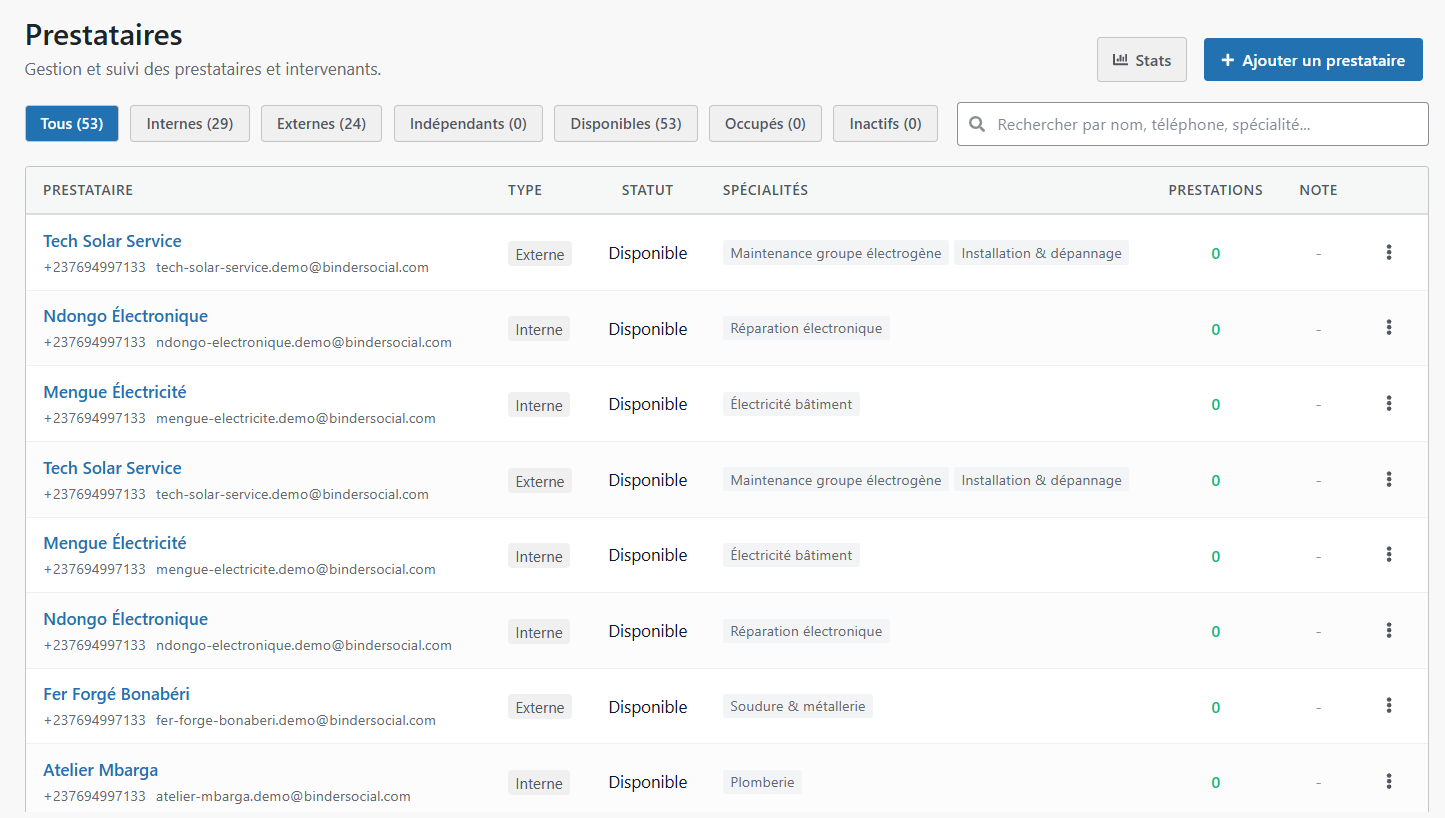 Interface de gestion des prestataires et intervenants