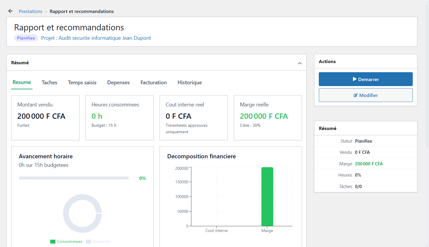Interface de création et gestion du catalogue de prestations